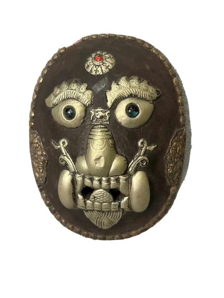 MASCARA 10" Vintage Madera De Colección Tibetano Mahakala Plata Cobre Latón Budismo Nepal Foto 2 de 4