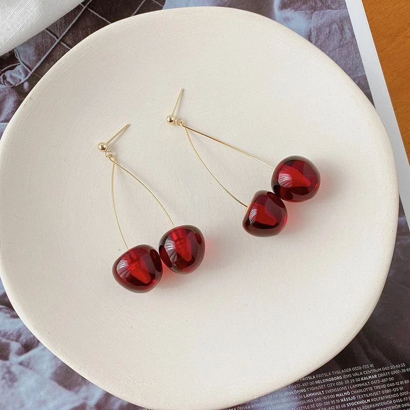 1pair Red Cherry Pendant Earrings Resin Fruit Hanging Earring