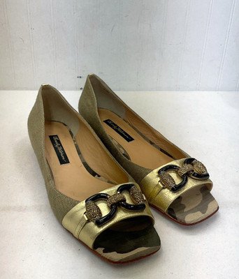 Beverly Feldman Women's Open Toe Gold Black Rhinestone Buckle Flats Sz 8.5M