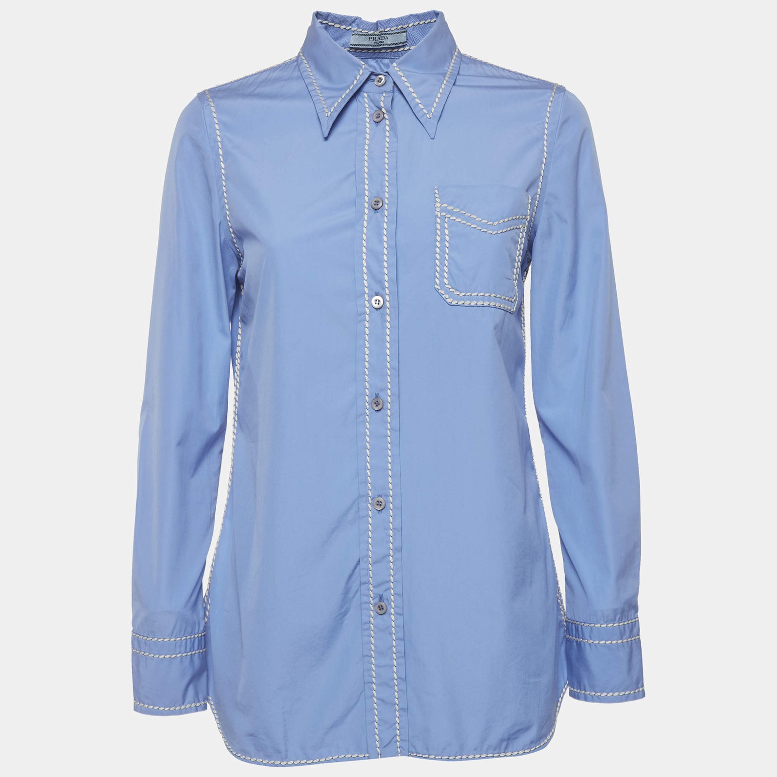 Prada Blue Cotton Contrast Embroidered Long Sleeve Shirt M