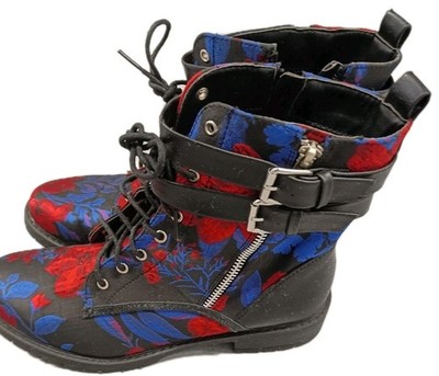 Shoedazzle Lina Womans Sz. 8 Boots Blue Red Roses Buckles