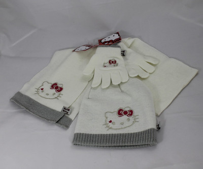 Hello Kitty Strick Set ,Schal - Mütze-Handschuhe , Weiß+Glitter Silber, Neu