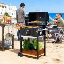 Outdoor Portable Charcoal BBQ Grill w/ Adjustable Grate & Storage