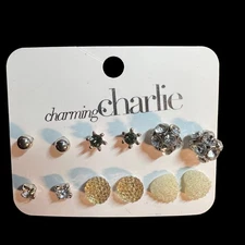 Charming Charlie Earrings 6 Pairs Silver Tone Stud Style Fashion