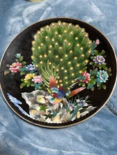 Antique Japanese Enamel Cloisonne Detail Peacock Flowers Plate 10.25” Diameter