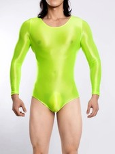 Men's Shiny Oil Glossy Long Sleeve Bodysuit Sport Yoga Jumpsuit Stretchy Leotard