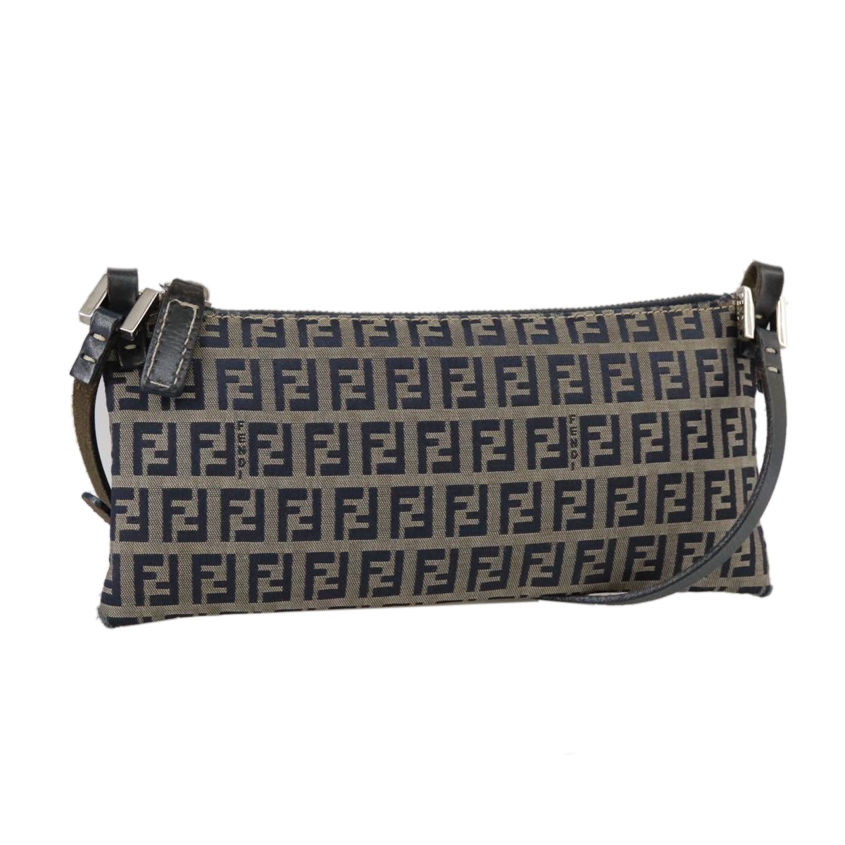 FENDI Zucchino Canvas Shoulder Bag Navy Silver Auth 101961