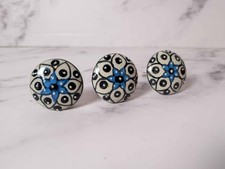 Set of 3 Hand Painted Ceramic Drawer Knobs Blue White Black Cabinet Pulls