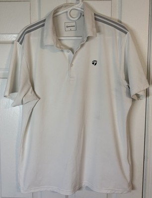 TaylorMade Polo Golf Shirt Mens Large 3-Button White w/Razor Gray Strips Casual