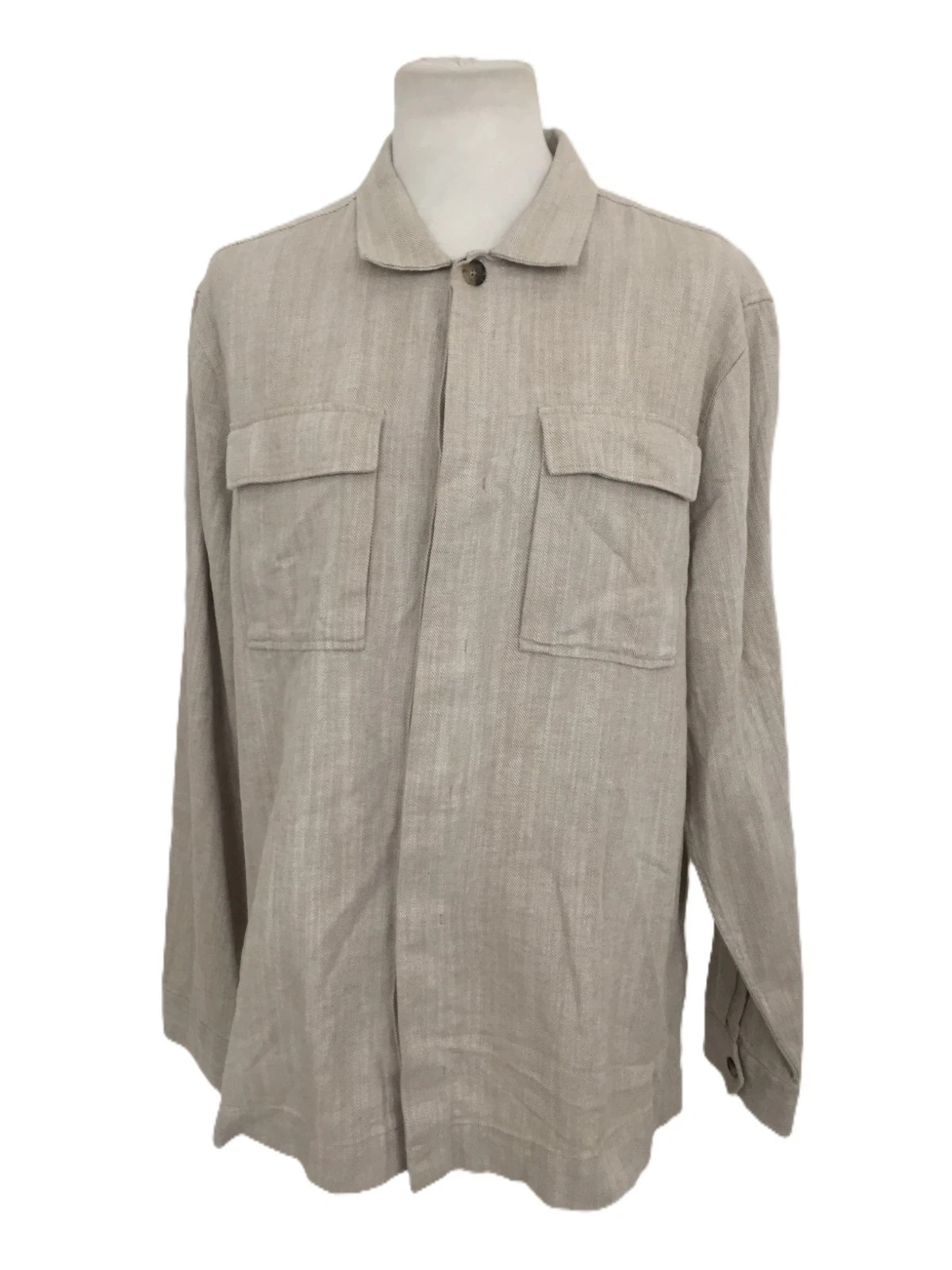 Autograph Men's Overshirt Stone Cotton Linen Herringbone Pocket Button New