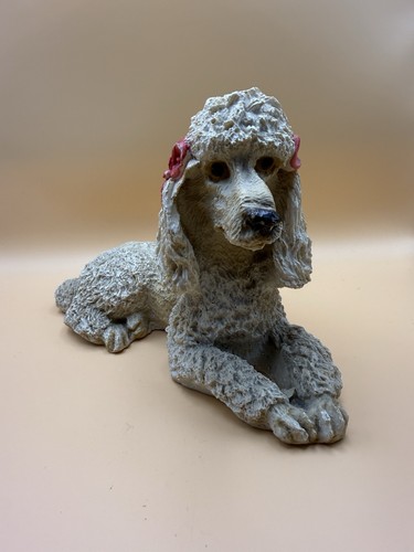 Vintage White Poodle Dog Figurine Pink Bows Reclining Resin Decor Statue