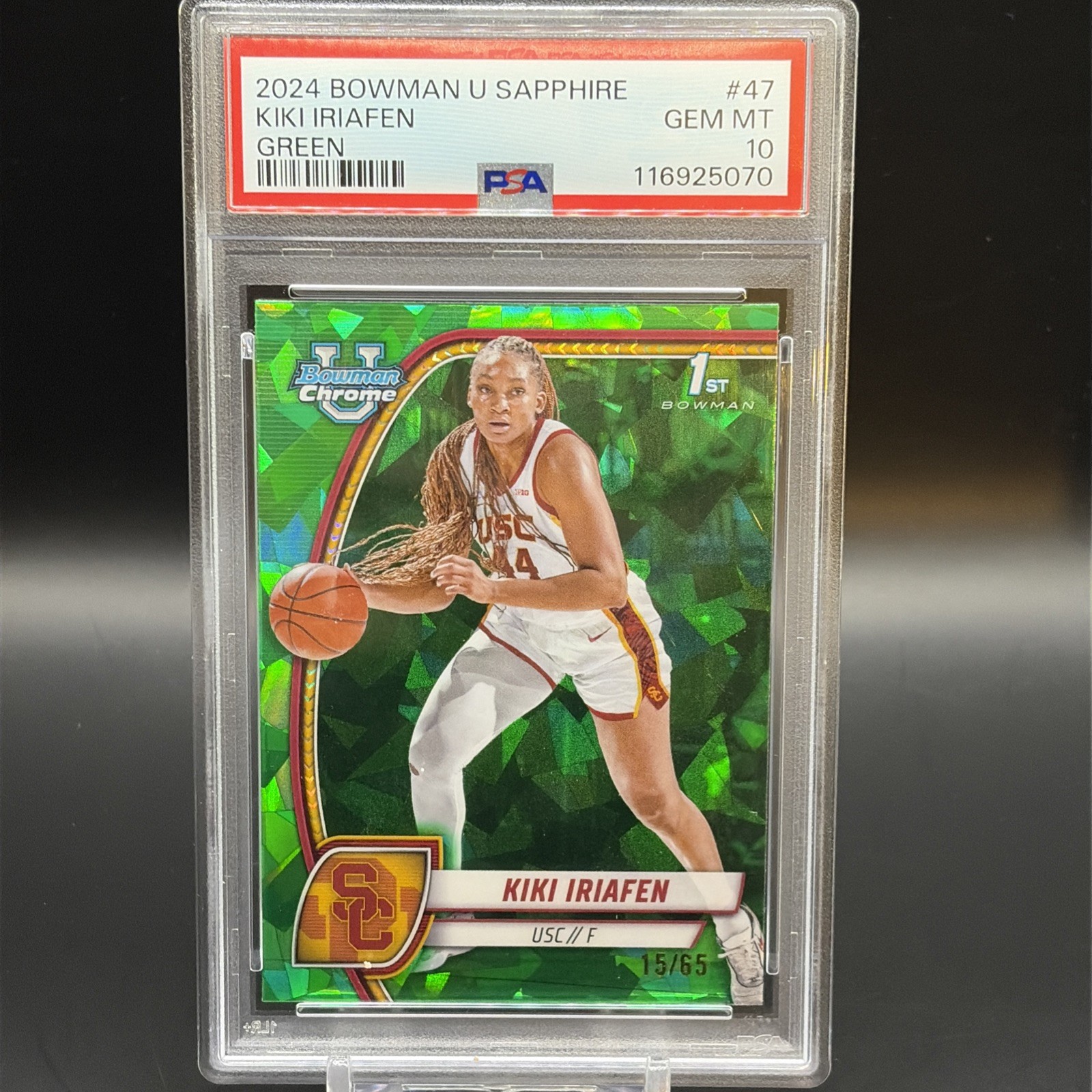 2024 Bowman University Chrome Sapphire Kiki Iriafen Green /65 #47 PSA 10