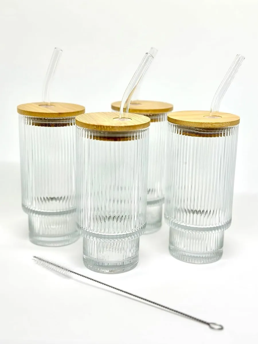 Set of 4 Vintage Ribbed Glass Cups with Lids Straws Fluted
