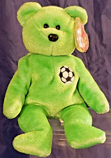 TY ORIGINAL BEANIE BABY 1999 Kicks the Soccer Teddy Bear with Display Case 8.5  