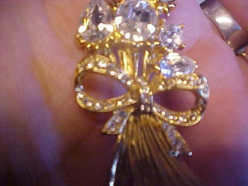 VINTAGE BROSCHE BOUQUET ROSEN KLAR STRASS GOLDFARBEN - Bild 4 von 7