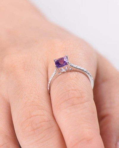 1,50 Karat Prinzessin Schnitt Labor-erstellt Amethyst Verlobungs Solitär Ring 925 Silber - Bild 5 von 6