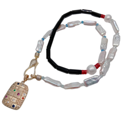 Cultured Freshwater White Rectangle Pearl Onyx Tube Necklace Charm Pendant 25''