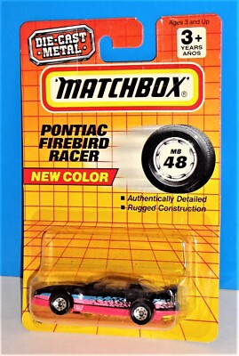 Matchbox 1993 MB 48 Pontiac Firebird Racer Black w/ Pink Thailand Base NEW COLOR