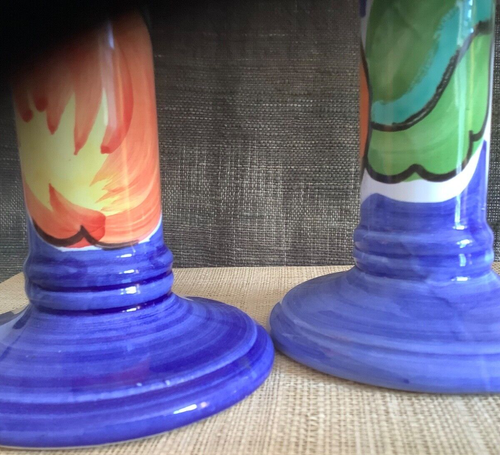 Vintage Italian Pair Candle Holders Glazed Art PotteryCeramic Blue MCM Art Deco - Picture 4 of 8