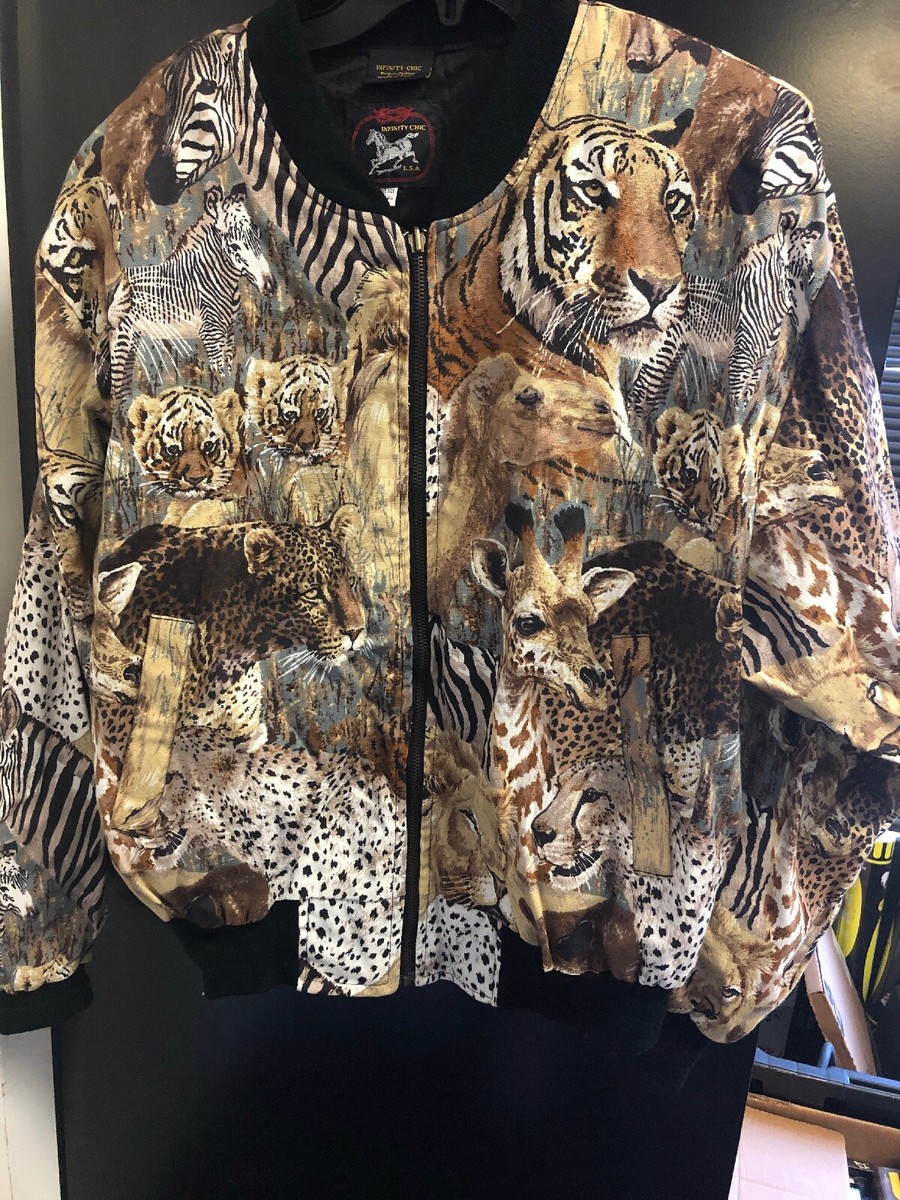 Vintage INFINITY CHIC Womens Wild Animals Bomber Jacket Coat