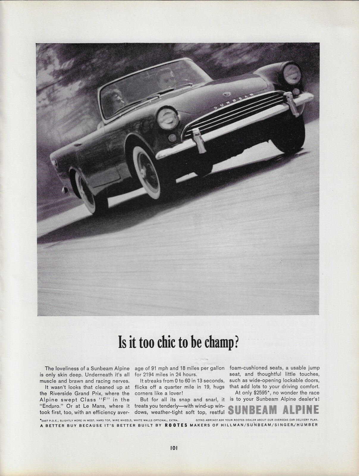 1962 Sunbeam Alpine Riverside Grand Prix Class F Enduro Photo VINTAGE PRINT AD