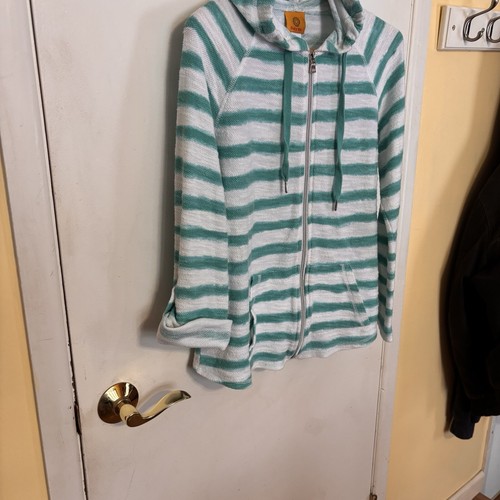 Ruby Rd. Women Teal & White Striped Zip Up Light Weight Hoodie-Small - Picture 2 of 7