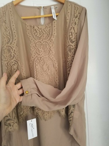 Women's NY Collection Beige Lace Sheer Overlay Silky Lightweight Flowy Blouse L - Picture 3 of 12
