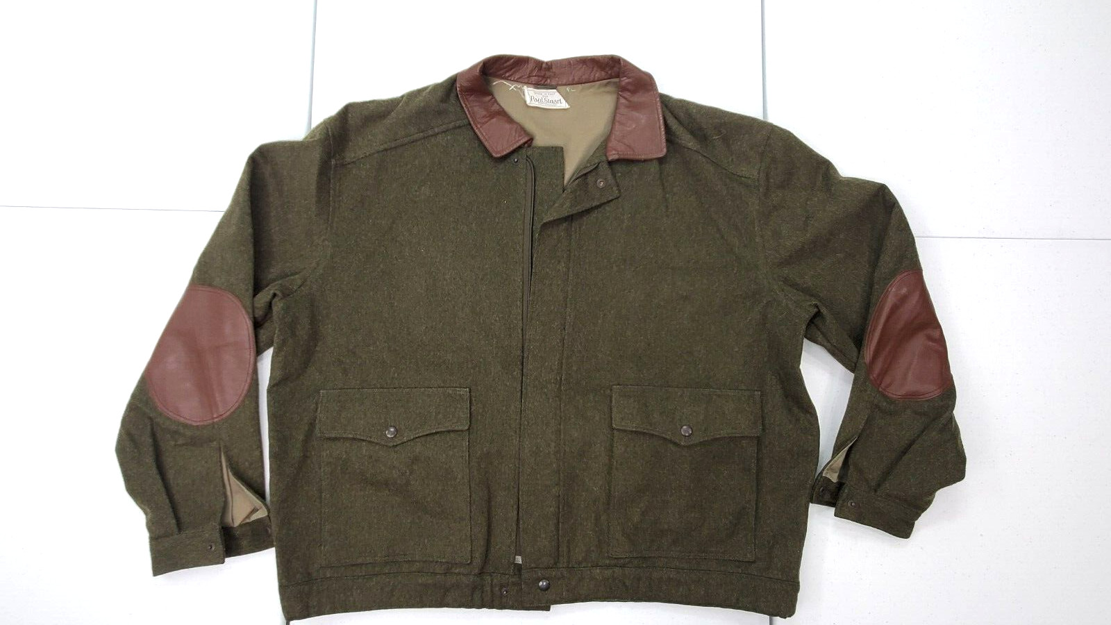 Vintage Paul Stuart No Size Green Wool/Leather Collar/Elbow Patch Bomber Jacket