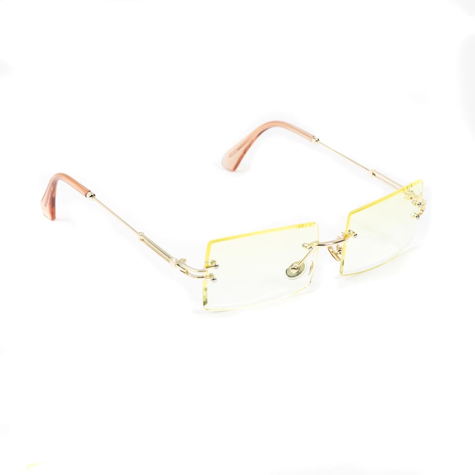 Canary Yellow Tint Men’s Retro Rectangle Buffs Gold Hip Hop Rimless Sunglasses  - Image 3 of 4