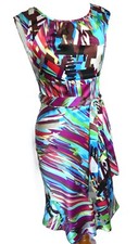 Vintage Rene Lezard 100% Silk Graphic Colorful Dress with Sash Belt USA Size 4