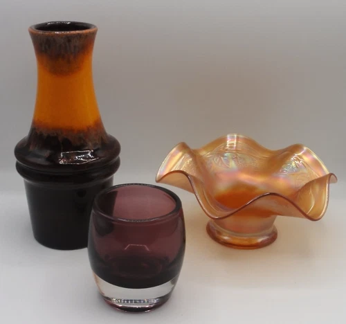 W. Germany Lava Drip Pottery Vase + Fenton Carnival Bowl + Purple Candle Holder