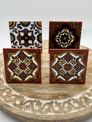 Set 4 MEXICO TALAVERA CERAMIC POTTERY TILES Hand Made 4.25" Sq Coaster Mandala