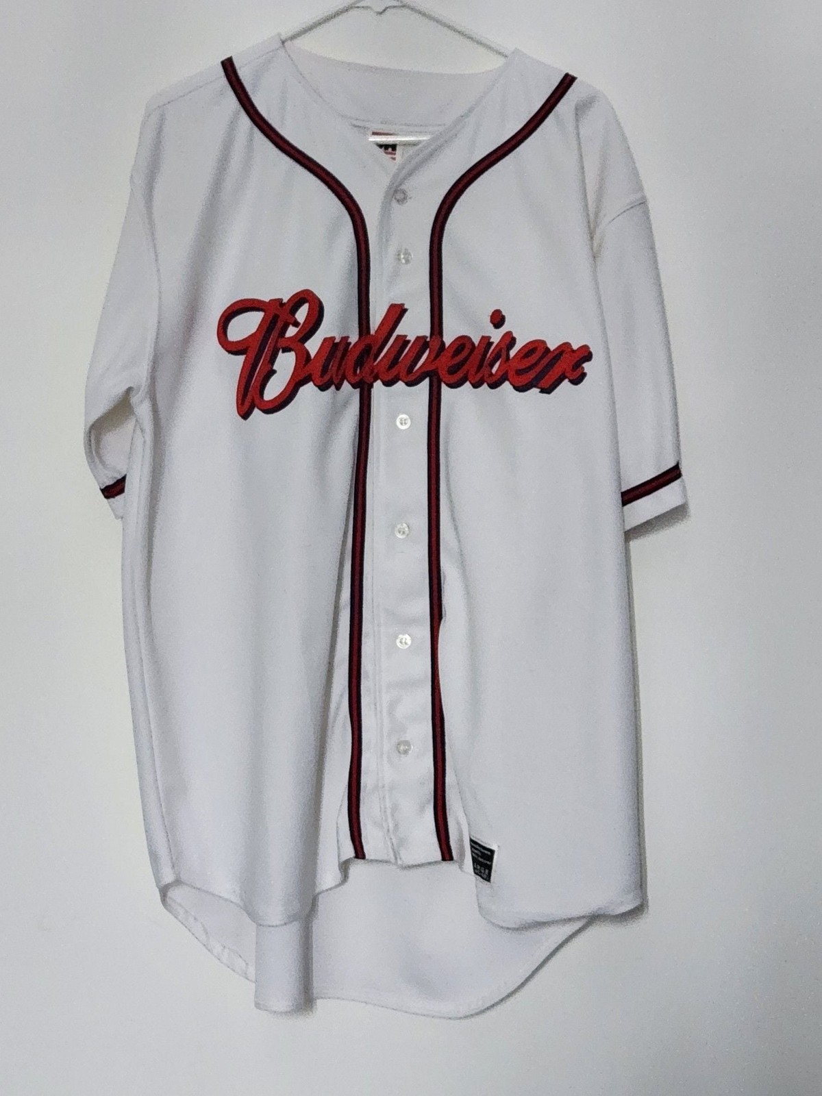 Vintage Budweiser Script Logo Baseball Jersey Whi… - image 1