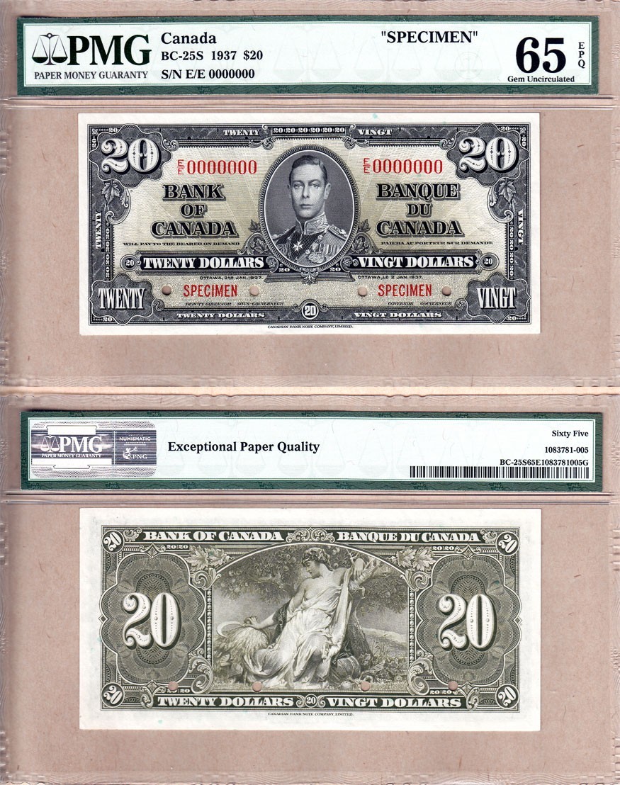 1937 $20 Bank of Canada King George VI. RARE SPECIMEN NOTE PMG GEM ...