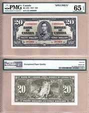 1937 $20 Bank of Canada King George VI.  RARE SPECIMEN NOTE PMG GEM UNC65 EPQ