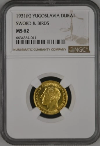 YUGOSLAVIA - SERBIA - BOSNIA , GOLD 1 DUKAT 1931 C/M SWORD - NGC MS 62 , RARE8