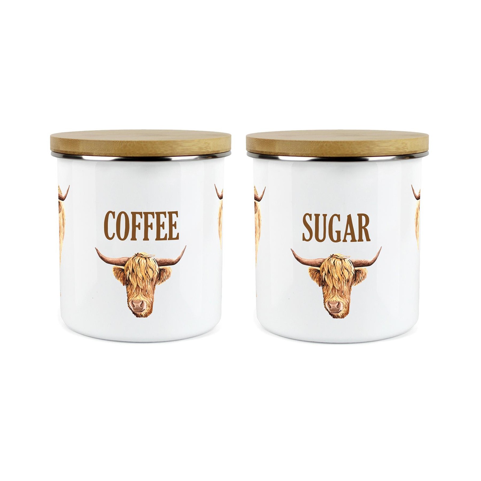 Coffee & Sugar Highland Cow Storage Canisters - 2x Enamel Kitchen Storage Jar