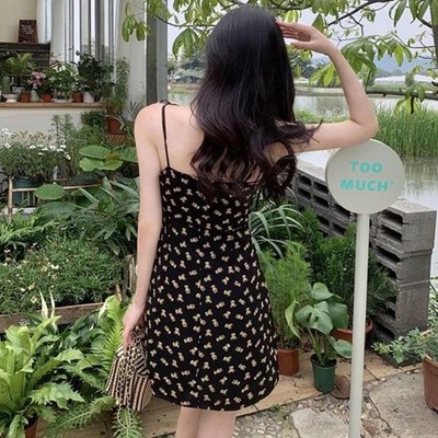Retro French Style Flower Print Sexy Women Lacing Up Sling Holiday Mini Dress