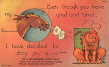 rip-snorting West Texas postcard: You Make My Ass Tired, Dropped You a Lion