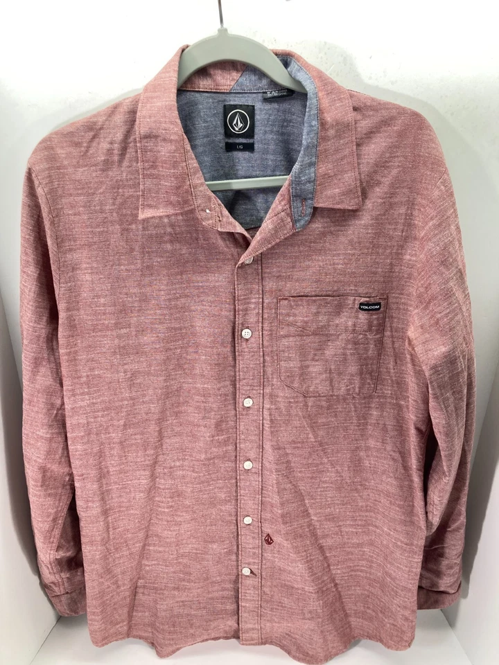 Volcom Button Up Shirt Mens L Heather Pink Slim Fit Long Sleeve Logo Pocket - Image 3 of 4