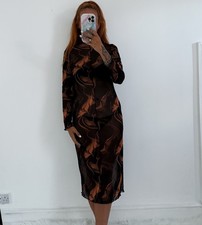 Ladies Black Brown Patterned Long Sleeved Sheer Midi Dress Size 10