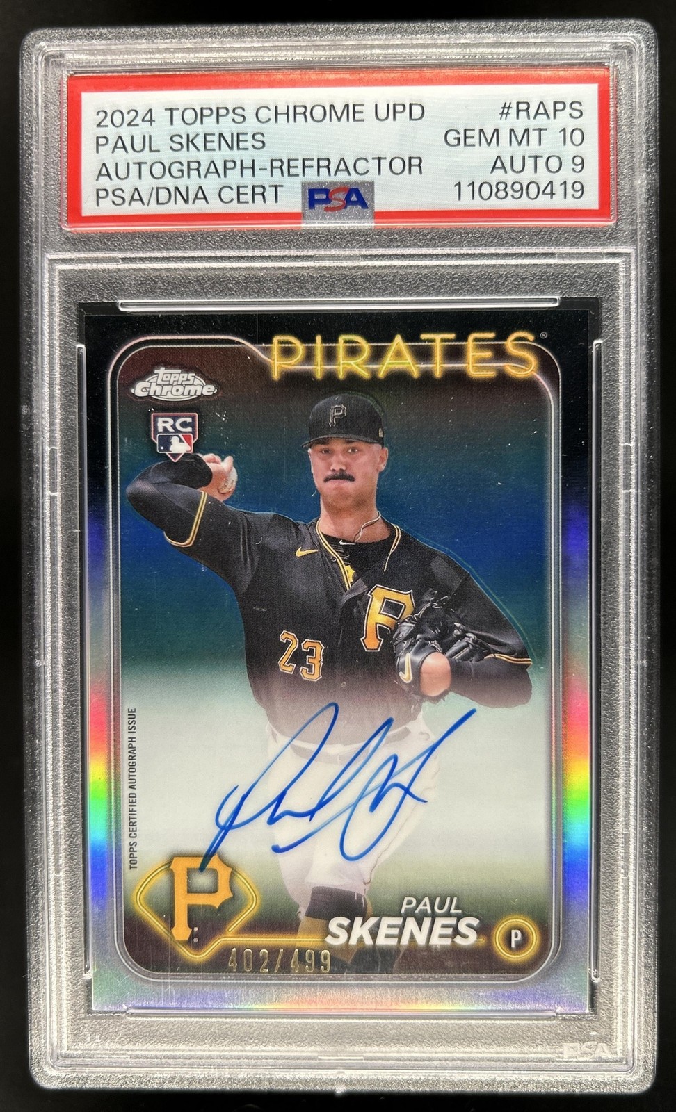 2024 Topps Chrome Update Paul Skenes Auto Refractor RC #/499 Pirates PSA 10 9 view 1