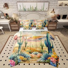 Watercolor Desert King Size Bed Sets 7 Pieces Green Cactus Plant Comforter Se...