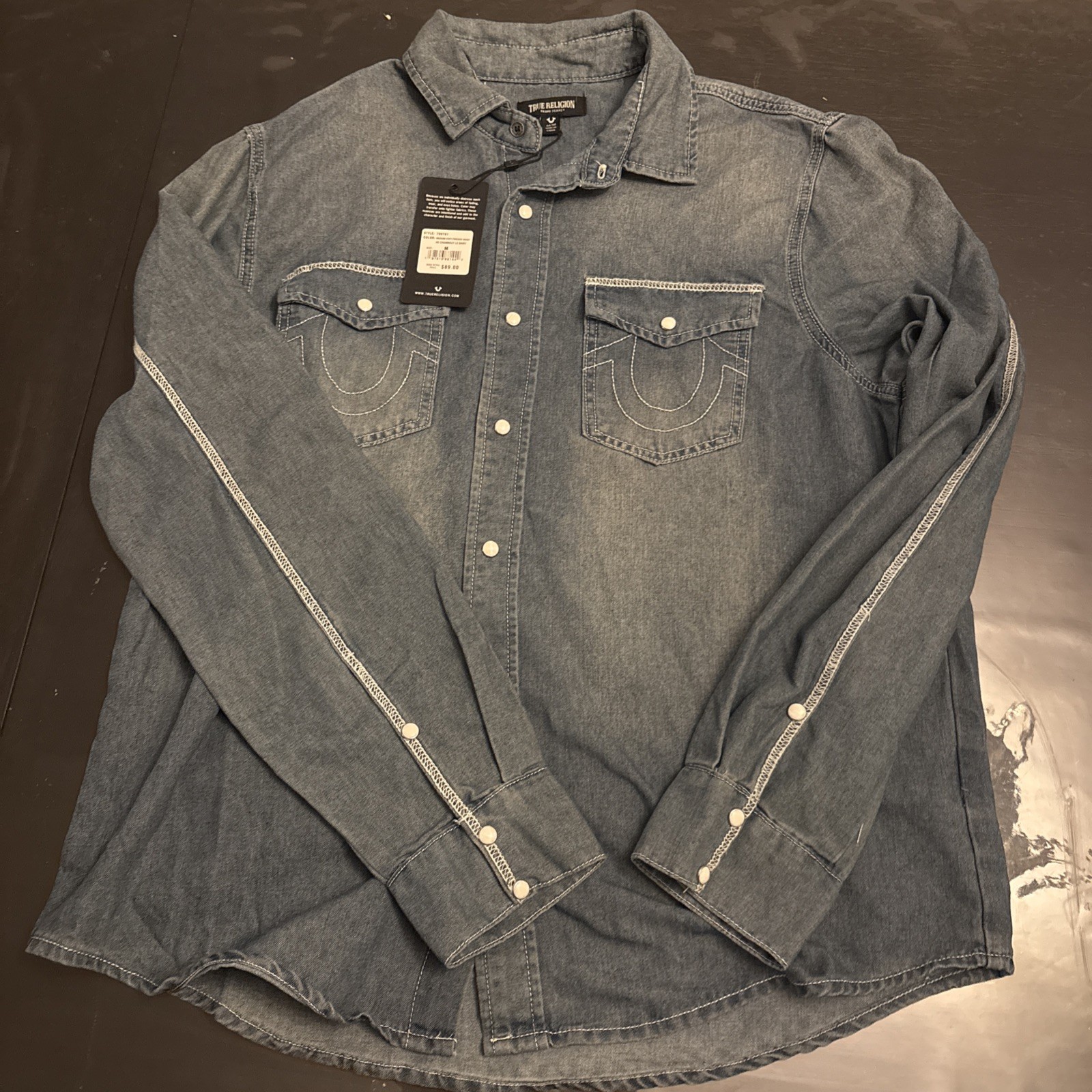 True Religion Men's Size M Medium Wash Long Sleeve Chambray Snap Denim Shirt NWT thumbnail 2