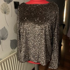 Ladies Brown Sequinned Long Bell Sleeved Top Deep Scoop Back Size 20 By George