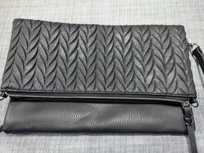 Stella & Dot Black Waverly Chevron Quilted Leather Foldover Crossbody Clutch