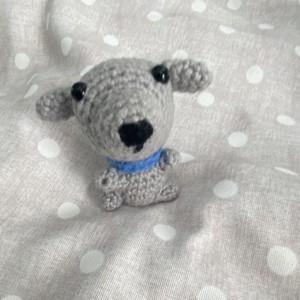 Handmade Crochet Gray Dog Plush Stuffed Animal Mini w/ Blue Collar Under 6 in