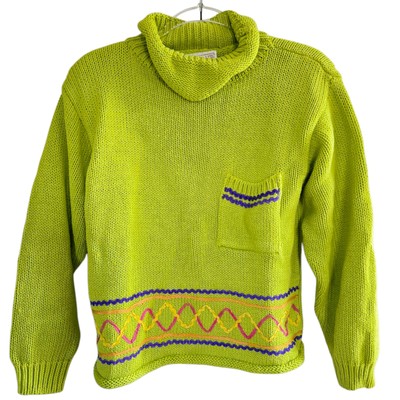 Sugar Co. LTD Chunky Sweater Size M Chartreuse Green Pocket Knit Roll Neck 80s