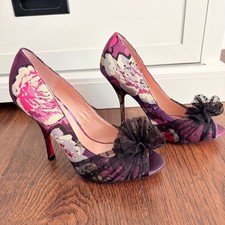 Betsey Johnson Bonnnie Heels 7.5 Romantic Purple Floral Mesh Bow Peep Toe Pumps