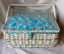 Large Vintage Sewing Basket Storage Box Retro Cute Floral Top Blue Lavender